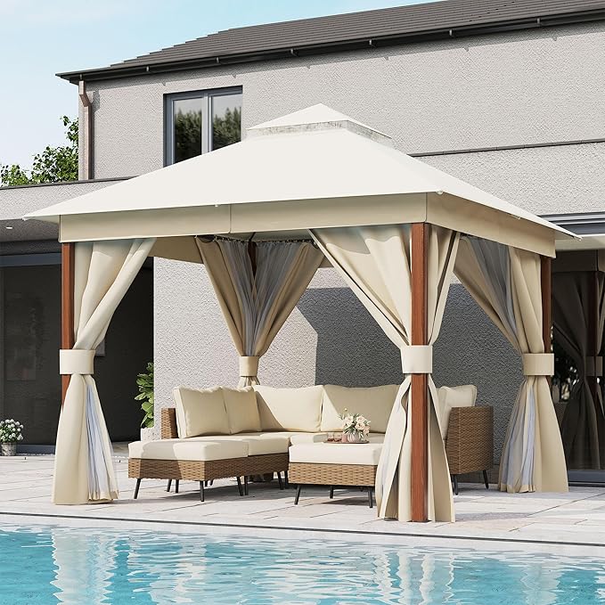 LAUSAINT HOME Patio Gazebo 10'x10' Wood-Grain, Outdoor Heavy Duty Party Tent Shelter with Double Roofs, Mosquito Nettings and Privacy Screens for Backyard, Garden, Lawn, Cream White