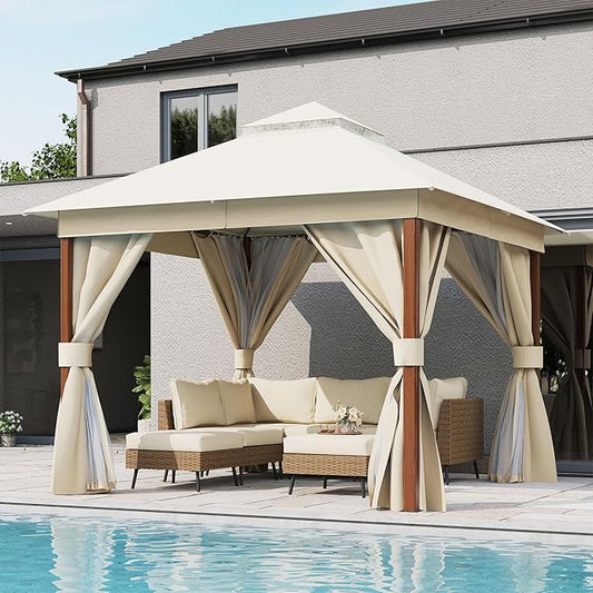 LAUSAINT HOME Patio Gazebo 10'x10' Wood-Grain, Outdoor Heavy Duty Party Tent Shelter with Double Roofs, Mosquito Nettings and Privacy Screens for Backyard, Garden, Lawn, Cream White