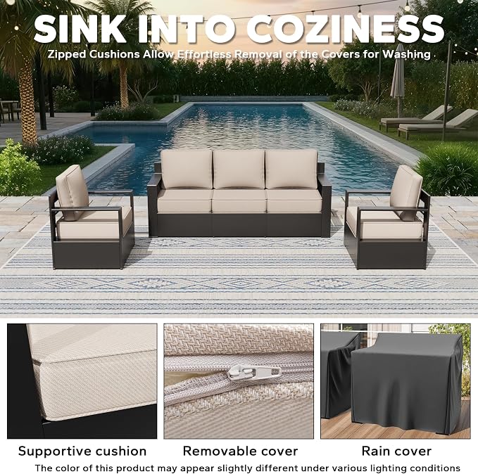 Aluminum Patio 79" Sofa Set with 2 Armchairs, All Weather Outdoor Conversation Furniture Set with Metal Armrest & 6" Water-Resistant Cushions & Furniture Covers for Deck Porch (Beige)