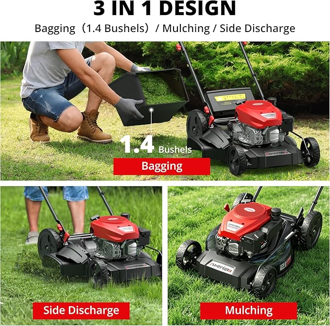 AMERISUN 21-Inch 3IN1 Gas Push Lawn Mower, 144cc 4-Cycle OHV Engine, Mulch/Bag/Side Discharge, 6-Position Height Adjustment, Steel Deck Walk-Behind Mower for Small to Medium Yards