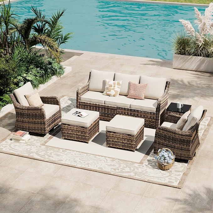 MEISSALIVVE Patio Furniture Set with Swivel Rocking Chairs, 6 Pieces Patio Conversation Set, Outdoor Wicker Sofa Couch with Waterproof Cushions for Lawn Backyard Porch (Brown)