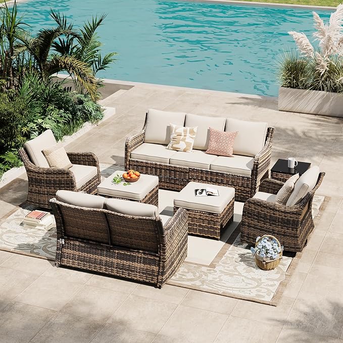 MEISSALIVVE 7 Pieces Patio Furniture Set with Swivel Chair, Wicker Patio Sofa, Rattan Conversation Set with Three-seat Sofa, 2 Ottomans and Loveseat for Lawn Backyard (Brown)