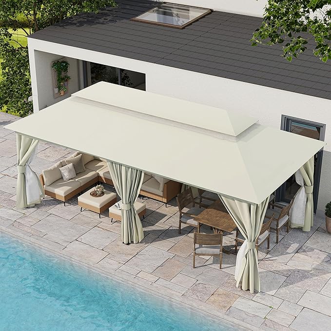 LAUSAINT HOME Patio Gazebo 10'x20', Outdoor Heavy Duty Party Tent Shelter with Double Roofs, Mosquito Nettings and Privacy Screens for Backyard, Garden, Lawn, Cream White