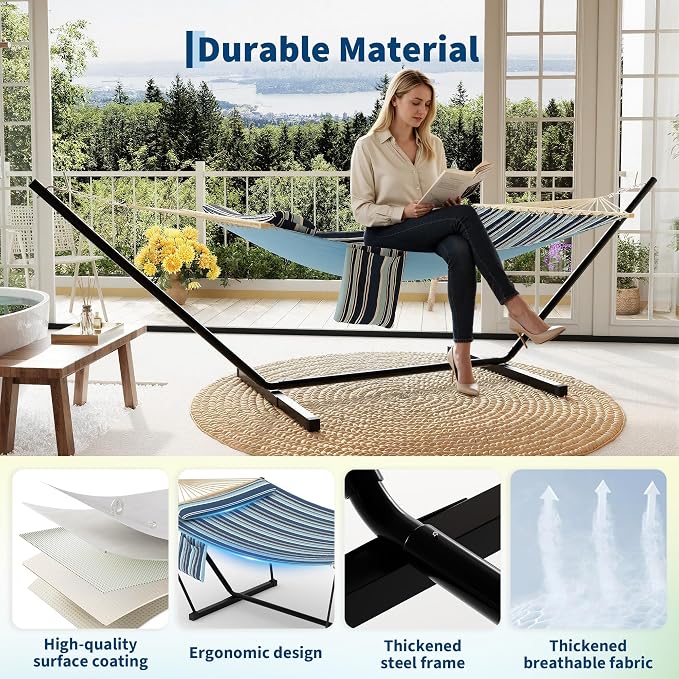 Freestanding Hammock with Heavy Duty Steel Stand, 450 LBS Weight Capacity Double Quilted Hammock Bed with Head Pillow & Side Storage Pocket, Blue for Patio Garden Backyard Beach