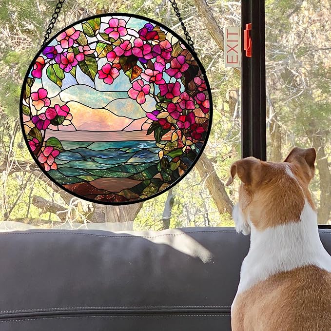 Stained Glass Window Hanging, Purple Flower Landscape Wreath Sun Catcher for Door Home Decor Plants Suncatcher Christmas Mother's Day Birthday Gifts for Women Men Mom Nana 15 in