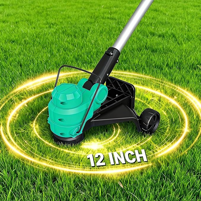 12" Cordless String Trimmer Weed Wacker, Battery Powered Grass Trimmer with 2 x 2.0Ah Batteries & Fast Charger, Includes Wheels and 8 Replacement Spool Lines for Lawn Care