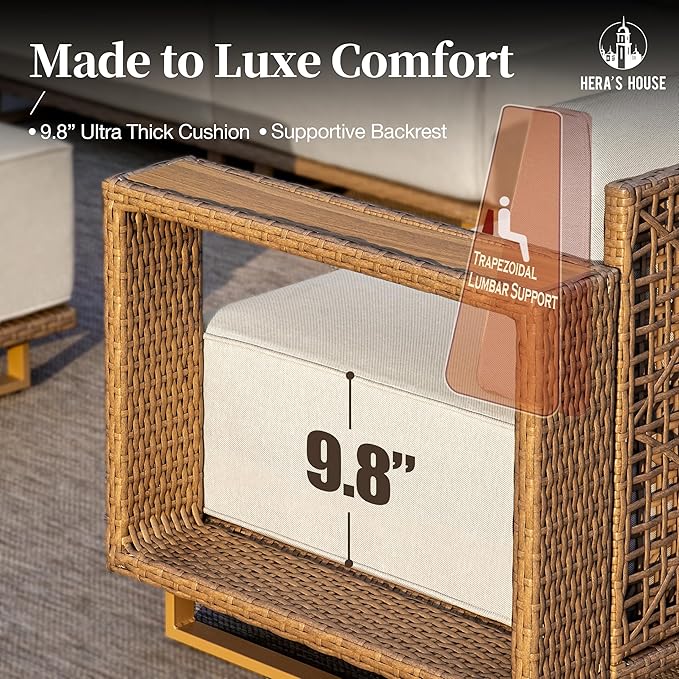 HERA'S HOUSE Patio Furniture Conversation Set, Outdoor Wicker Chairs with Ottomans, 4 Pieces Yellow Rattan Furniture with 10" Thick Cushion for Deck Yard Poolside