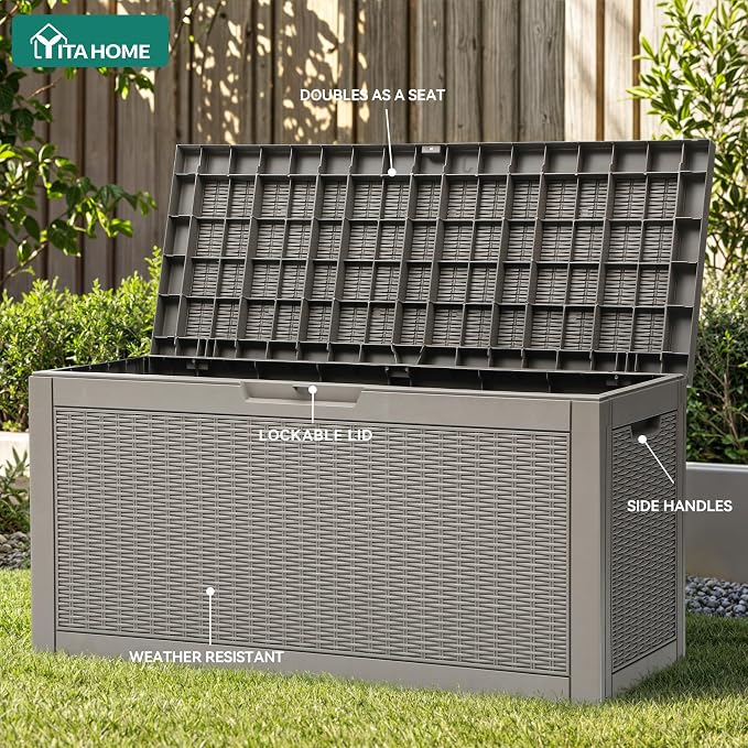 YITAHOME 60 Gallon Outdoor Storage Box, Large Water Resistant Resin Deck Box, Indoor Outdoor Lockable Rattan Storage Container for Patio, Garden, Cushions, Tools, Equipment (Taupe)