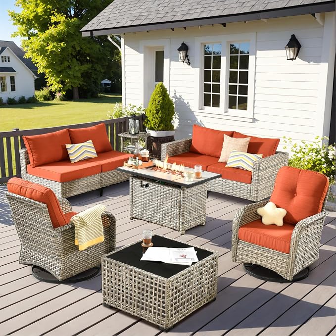 Outdoor Patio Furniture Sets,9 PCS Patio Conversation Set Outside Rattan Sectional Sofa with 42 in Square Fire Pit Table Wicker Rocking Chair Coffee Table Fit Backyard Garden Poolside Balcony
