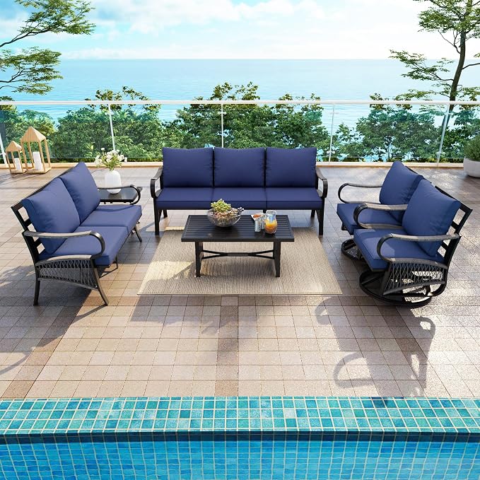 6 Pieces Patio Conversation Sets, All-Weather Metal Swivel Rocking Chairs with Rope Furniture Set, Outdoor Sofa Couch for Deck, Porch, Garden, Backyard, Poolside (Blue Cushions)