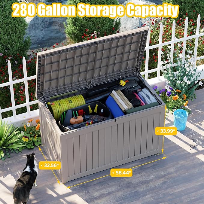 280 Gallon Outdoor Storage Box Waterproof - Outside Resin Deck Box, Lockable Storage Bin for Patio Furniture,Garden Tools,Cushions,Pool Accessories(Grey)