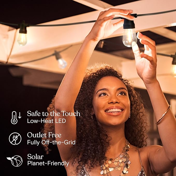 Brightech Ambience Hybrid Outdoor String Lights - Dual Plug and Solar Powered Waterproof LED Light String for Outside - 48 Ft, Soft White Edison Bulbs, for Camping, Patio, Cafe, Yard, Porch