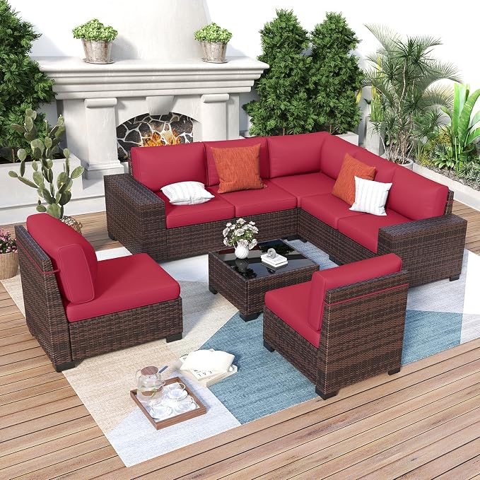 Outdoor Patio Furniture Set, 8‘’ Wide armrest Outdoor Sectional Rattan Sofa Set, Wicker Patio Furniture Sets w/Coffee Table,Thick Cushions and Cover for Porch, Balcony,Deck,8 PCS (Brown&Wine)