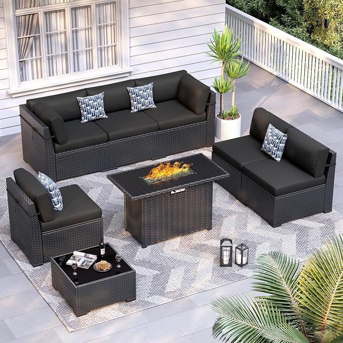 8 Piece Patio Furniture Set with 44” Fire Pit Table All-Weather Wicker Conversation Sectional Sofa & Coffee Table with Thickened Cushions for Backyard, Garden(Black)