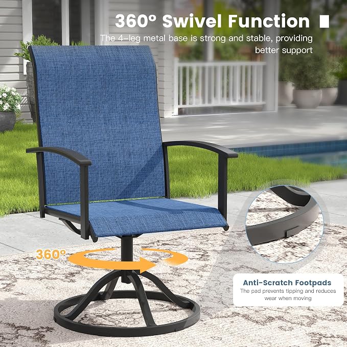 DIFY 5 Pieces Outdoor Dining Set for 4, 47.2" Black Round Metal Table with Umbrella Hole and Blue Textilene Swivel Patio Chairs, Patio Table and Chairs Set for Garden, Backyard, Poolside