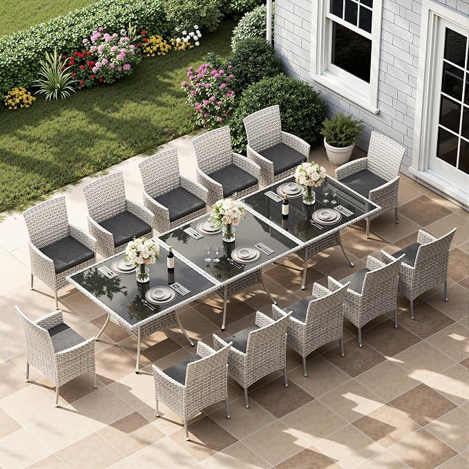 15-Piece Patio Dining Set with Square Tempered Glass Table Patio Furniture Set with 12 Wicker Chairs, Expandable Design for Larger Groups, Outdoor Furniture for Backyard, Deck, Garden, Dark Grey