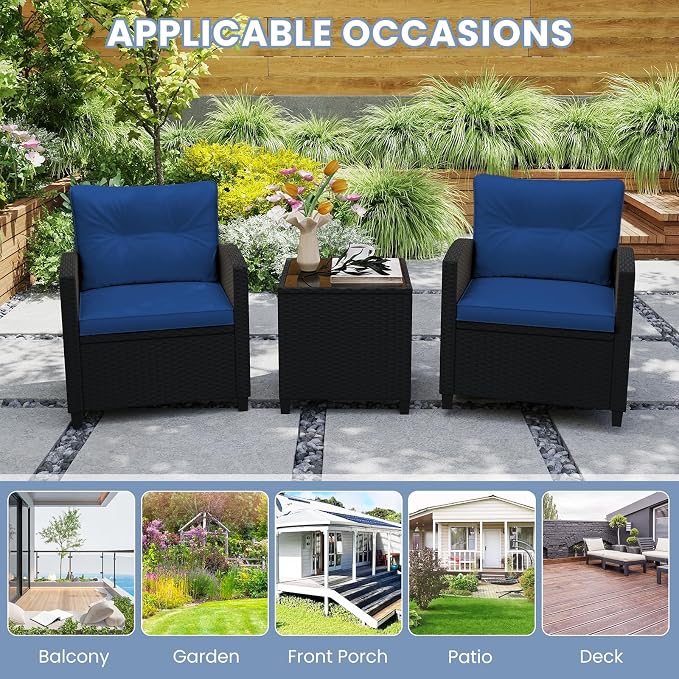 ORALNER 3 Pieces Patio Furniture Set, Wicker Conversation Set Outdoor Chairs with Cushions, Glass Coffee Table, Rattan Bistro Set for Front Porch Balcony Garden Deck Poolside (Navy)