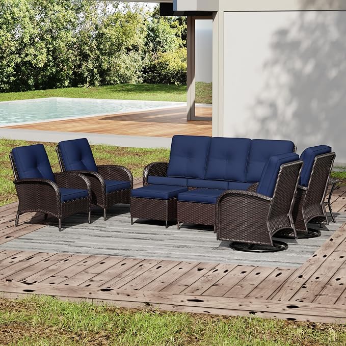 Joyside Wicker Patio Furniture Set, 8 Piece Outdoor Furniture Set with Thickened Cushions, High Back, Deep Seating, Wide Armrest, Outdoor Swivel Rocker Chairs for Porch, Deck