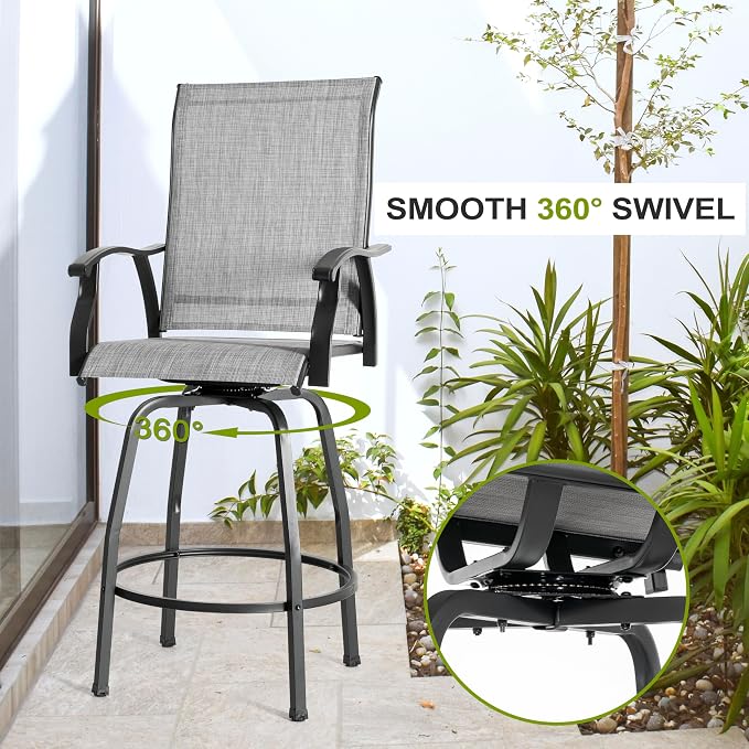 NUU GARDEN 5 Piece Patio Swivel Bar Set, All-Weather Textilene High Bistro Stools, Square Bar Table with Slatted Tabletop and Umbrella Hole for Sunroom, Backyard and Balcony