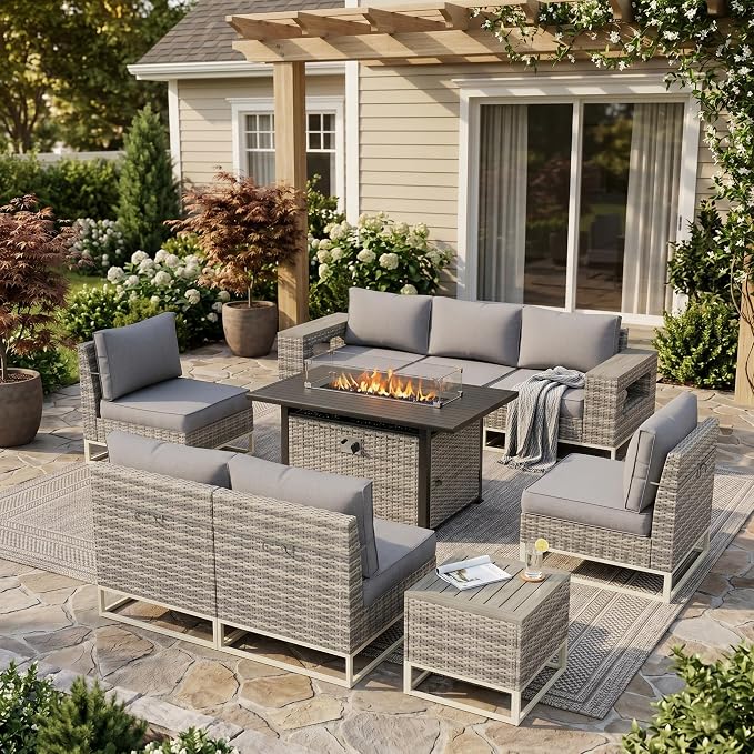 Outdoor Patio Furniture Set 9-Piece PE Rattan Wicker Outdoor Sectional Sofa with 5,000 BTU Fire Pit Table, Modern Modular L-Shaped Conversation Set with Thickened Cushions and Chunky Arms, Slate Grey
