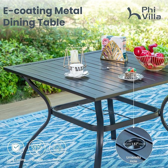 PHI VILLA Patio Dining Set for 4 with Navy Umbrella & Padded Swivel Chairs | Textilene, High back & Ergonomic, Square metal table, Weather-resistant, Outdoor backyard deck, No Umbrella Base, 6 piece
