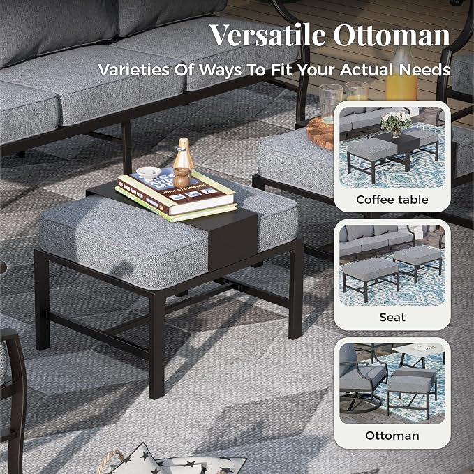 MIXPATIO Patio Furniture Set, 6 Pcs Metal Outdoor Conversation Set, 2 Swivel Chairs, 2 Ottomans and 3 Seater Sofa with 5.75" Extra Thick Cushion and Gas Fire Pit Table, Grey