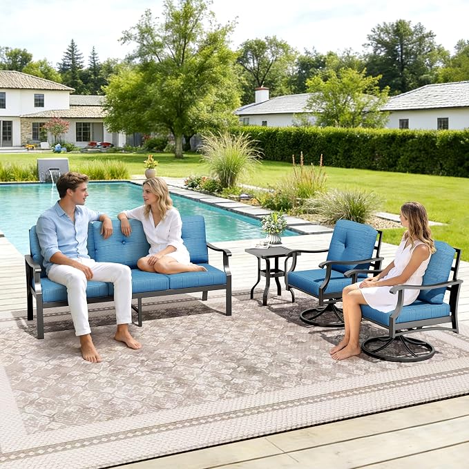4 Piece Patio Furniture Set, Metal Outdoor Conversation Set w/3-Seat Sofa, 2 Rocking Swivel Chairs, Side Table, Patio Bistro Set w/5" Thickened Cushions for Backyard, Poolside, Blue