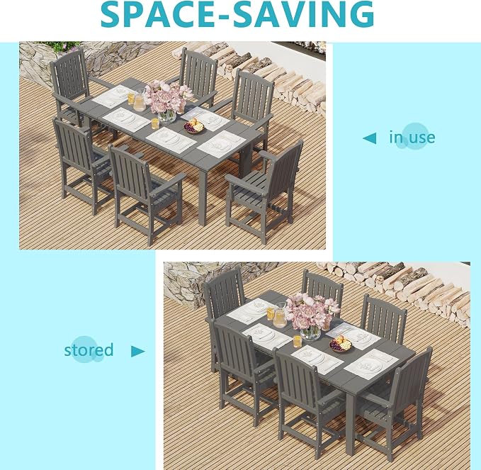 ROCSUMOO 7-Piece Outdoor Dining Table Sets, Patio HDPE Dining Table and Chair Set with Umbrella Hole, All Weather Outdoor Dining Furniture Set (Grey, 1 Table + 6 Chairs)