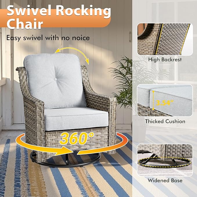 8 PCS Outdoor Patio Furniture Sets,Patio Conversation Sets Outside Rattan Soft Cushion Sofa with 2 Wicker Rocking Chairs Soft Cushion Fit Backyard Porch Garden Poolside Balcony,Light Grey