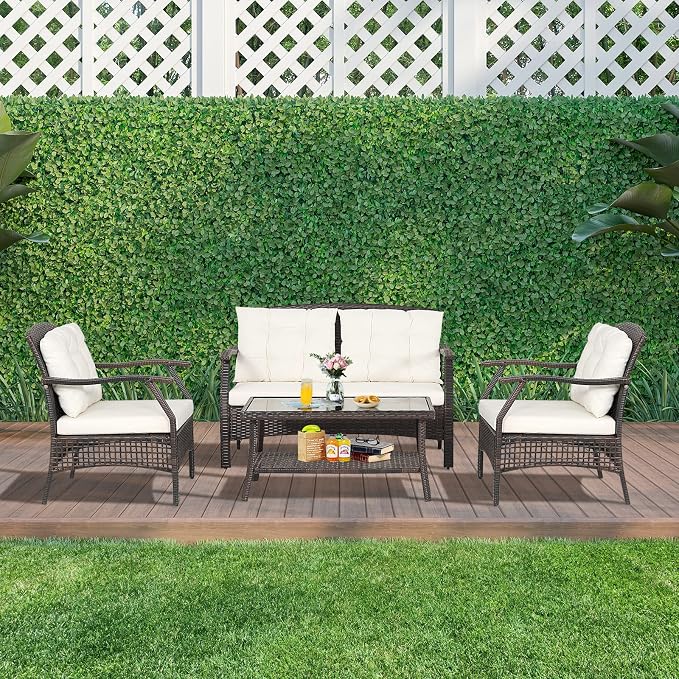 HAPPYGRILL 4 Piece Outdoor Rattan Conversation Set, Patio Rattan Sofa Set with Protective Cover, Soft Seat & Back Cushions, Patio Furniture Set with Sturdy Steel Frame