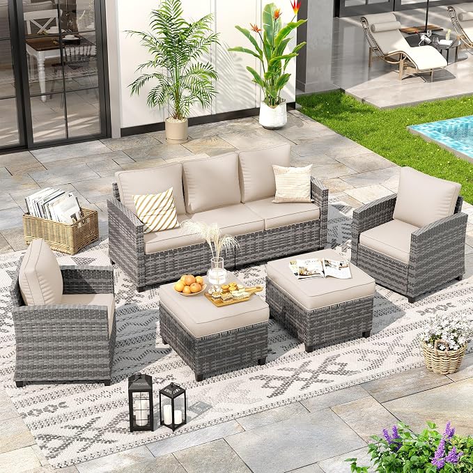 Outdoor Furniture Set, 5 Pcs Wicker Patio Couch with Chairs, Ottomans and Thick Cushions, All Weather Wicker Rattan Patio Conversation Set,Khaki