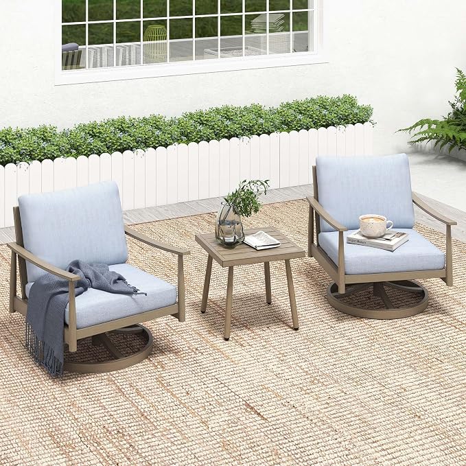 HAPPATIO Patio Conversation Set 3 Pieces, Outdoor Aluminum Conversation Furniture Set, 2 Swivel Chairs with Backrest Rope Design and 1 Side Table for Garden, Pool, and Lawn (Brown)