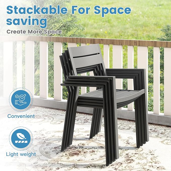 DIFY 9 Piece Outdoor Patio Dining Set for 8, Patio Table and Chairs Set with Umbrella Hole, 53" Round Dining Table and Stackable Metal Chairs for Backyard Garden Poolside, Grey