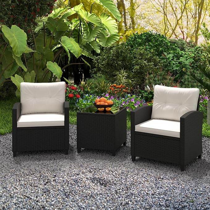 ORALNER 3 Pieces Patio Furniture Set, Wicker Conversation Set Outdoor Chairs with Cushions, Glass Coffee Table, Rattan Bistro Set for Front Porch Balcony Garden Deck Poolside (White)