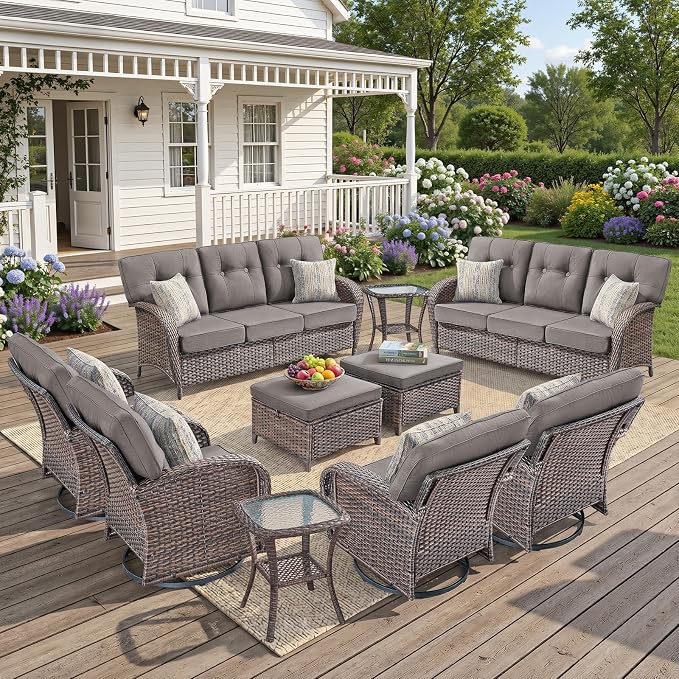 10-Piece Wicker Patio Furniture Set with 5-Inch Thick Cushions Weather Resistant Rattan High Back Swivel Rocker Chairs Senior Friendly Conversation Set for Small Porch Deck Sunroom Brown/Grey