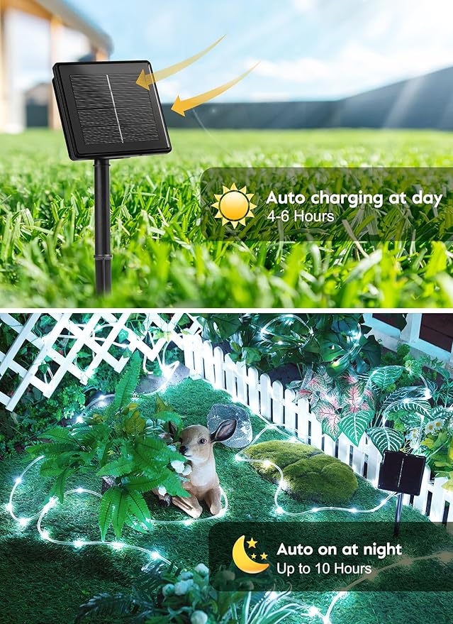 Brightown 2 Pack Total 78FT 200LED Solar Rope Lights, Pure White | IP65 Waterproof Solar Fairy Lights with 8 Lighting Modes, Outdoor String Lights for Party Garden Yard Holiday Tree Decoration