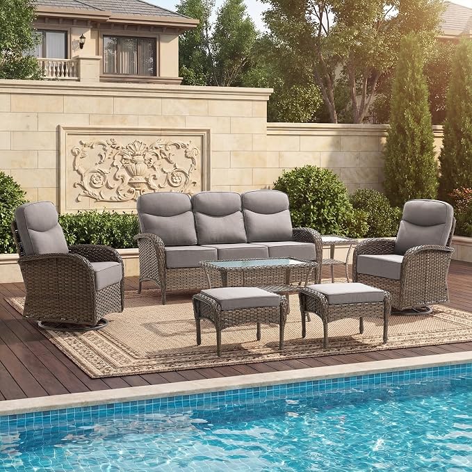 High Back Luxury Patio Furniture Set with 6-inch Thick Cushion, Swivel Rocker Patio Chairs with Outdoor Couch, 7 Piece Wicker Conversation Set for Deck Yard Garden Balcony Gray