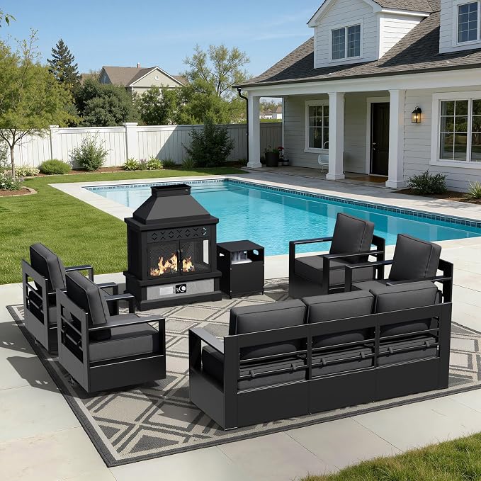 Outdoor Aluminum Furniture Set, 6-Piece Patio Conversation Set, 4 Chairs 1 Sofa and 1 Fireplace, All-Weather Metal Frame, 6" Thick Removable Cushions, Deep Setting for Garden, Poolside and Porch