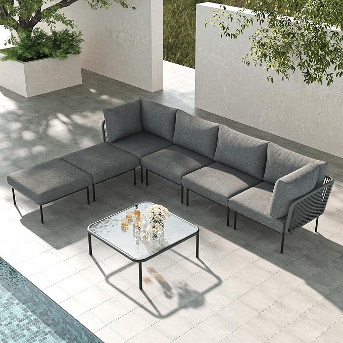 LayinSun 7 Pieces Aluminum Patio Furniture Set, Modern Modular Sectional Sofa with Coffee Table and Upgrade Thickness Cushion