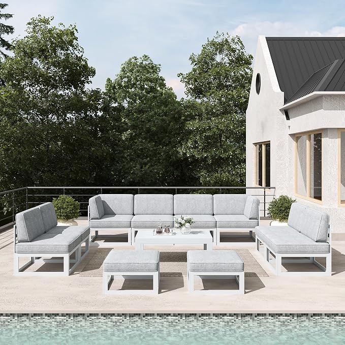 LayinSun 11 Pieces Modern Aluminum Patio Furniture Set with Coffee Table, Outdoor Modular Sectional Conversation Set L-Shaped Sofa for Backyard