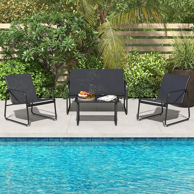 Tangkula 4 Pieces Patio Furniture Set, Outdoor Conversation Set with Tempered Glass Coffee Table, Outdoor Garden Porch Furniture Set with Breathable Fabric and Rustproof Metal Frame (1, Black)