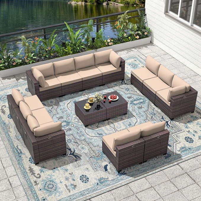 14 Pieces Outdoor Patio Furniture Set,Outdoor Sectional Furniture All Weather PE Rattan Wicker Patio Conversation Set with 2 Coffee Tables and 12 Thickened Cushions,Sand