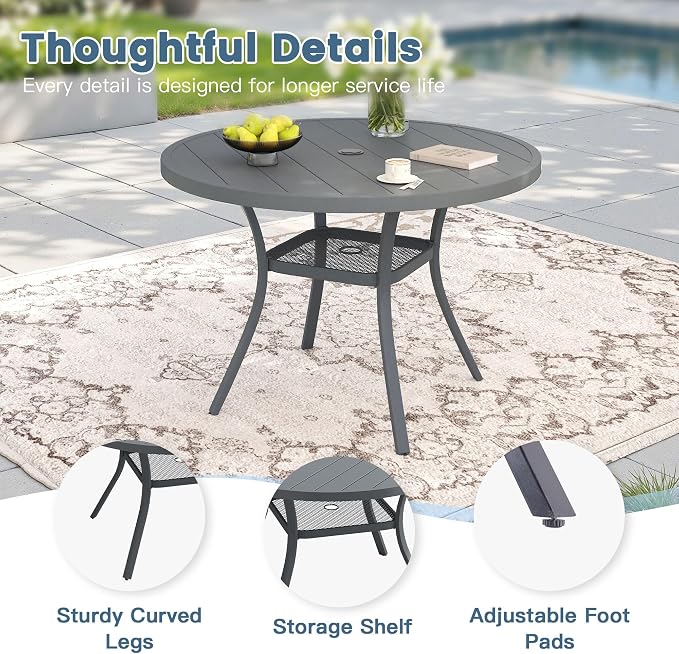 DIFY 5 Piece Outdoor Dining Set, 40" Round Metal Patio Table and Textilene Stackable Chairs for 4, All Weather Patio Furniture Set with Umbrella Hole for Backyard Garden Deck, Grey