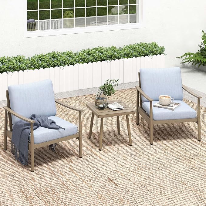 HAPPATIO Patio Conversation Set 3 Pieces, Outdoor Aluminum Conversation Furniture Set, 2 Modern Chairs with Backrest Rope Design and 1 Side Table for Garden, Pool, and Lawn (Brown)