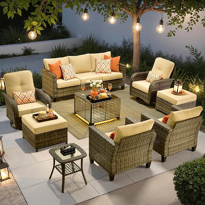 ovios 9 Pieces Patio Furniture Set, Outdoor Wicker Sofa Couch with Swivel Glider Chairs Solar Lights Table, Modern Deep Seat Rattan Conversation Sets for Deck Porch, Beige