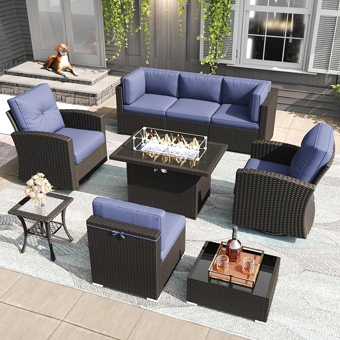 LayinSun 9 Pieces Patio Furniture Set with Fire Pit Table, Black Rattan Modular Sectional Outdoor Conversation Sofa Set, Swivel Rocking Chairs Set