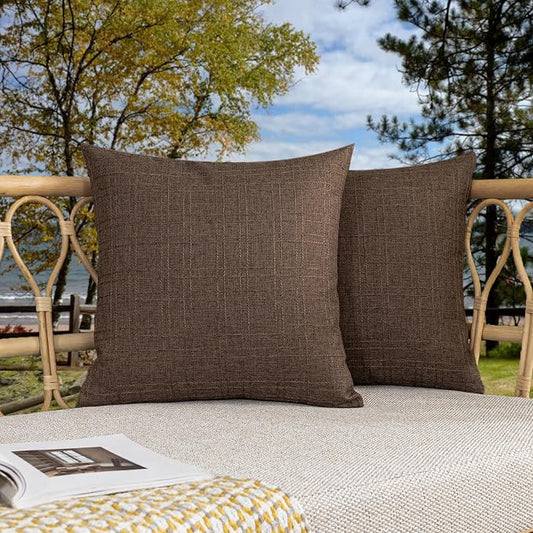 Kevin Textile Outdoor Waterproof 18”x18” Pillow Covers 2 Pack, Brown | Water Resistant, Soft Faux Linen-cotton Yarn-dyed Woven Texture Throw Pillow Covers for Tent Patio Garden Couch Sofa