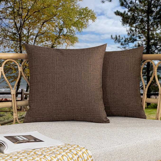 Kevin Textile Outdoor Waterproof 16”x16” Pillow Covers 2 Pack, Brown | Water Resistant, Soft Faux Linen-cotton Yarn-dyed Woven Texture Throw Pillow Covers for Tent Patio Garden Couch Sofa