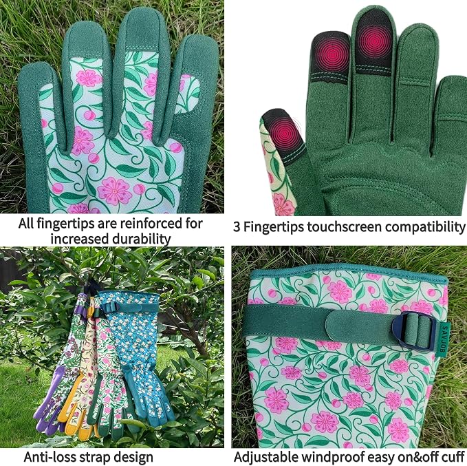 Thornproof Rose&Cactus Gardening Gloves,Gauntlet Garden Glove,Gifts | Canvas,Cute Floral Pattern,Leather Palm,Touchscreen,Durable Material,Garden Gift,Men&Women,Machine Washable,Adjustable Cuff