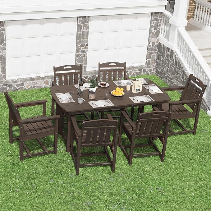 Outdoor Rectangle Dining Table, Heavy-Duty HDPE Table for 6, Weatherproof Patio Table with Umbrella Hole, Rounded Corners for Safety, Brown